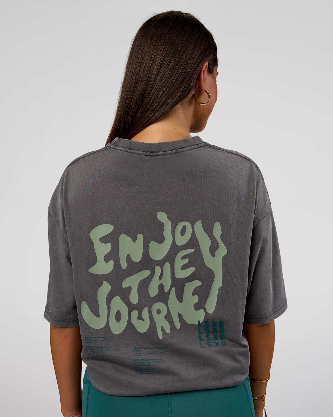 Woman wearing Inferno Journey FLXCotton Oversized Tee - Dark Storm Washed-Iceberg Green | Model:Bianca | Size:XS