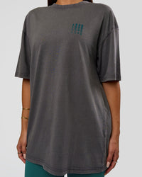 Woman wearing Inferno Journey FLXCotton Oversized Tee - Dark Storm Washed-Iceberg Green | Model:Bianca | Size:XS