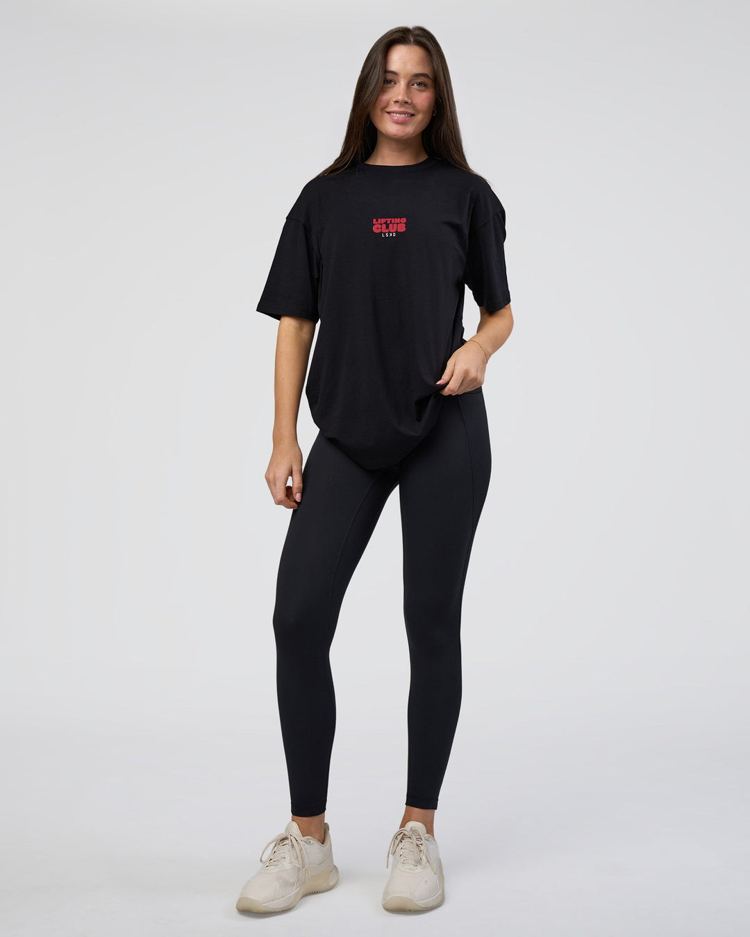 Woman wearing Kettle B FLXCotton Oversized Tee - Black-White | Model:Estella | Size:XS