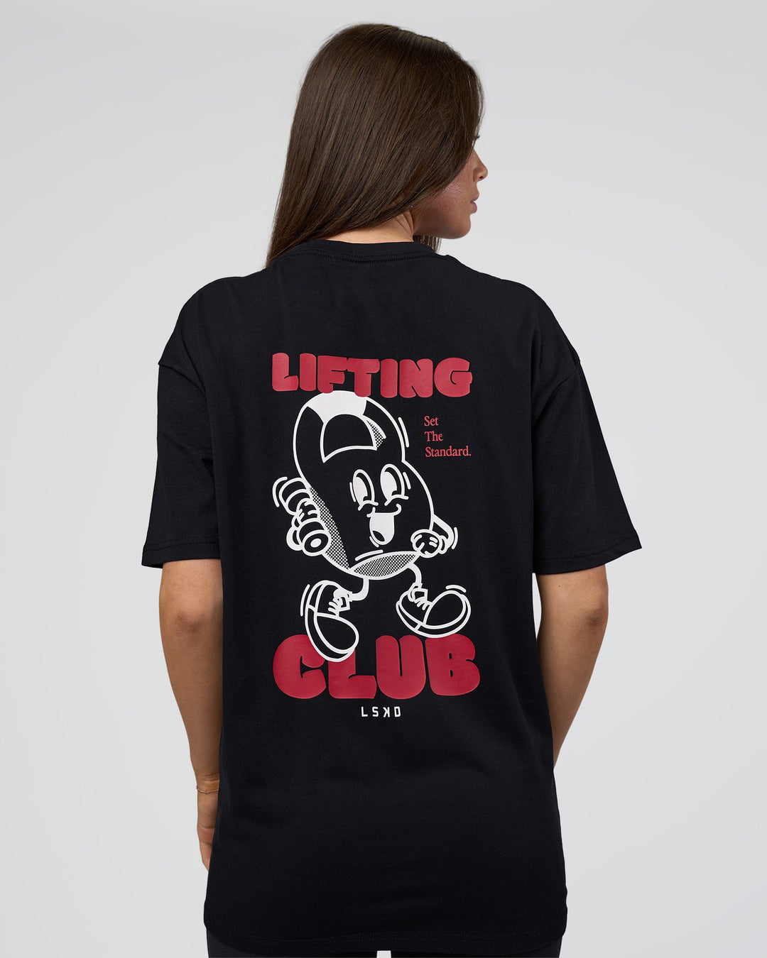 Woman wearing Kettle B FLXCotton Oversized Tee - Black-White | Model:Estella | Size:XS