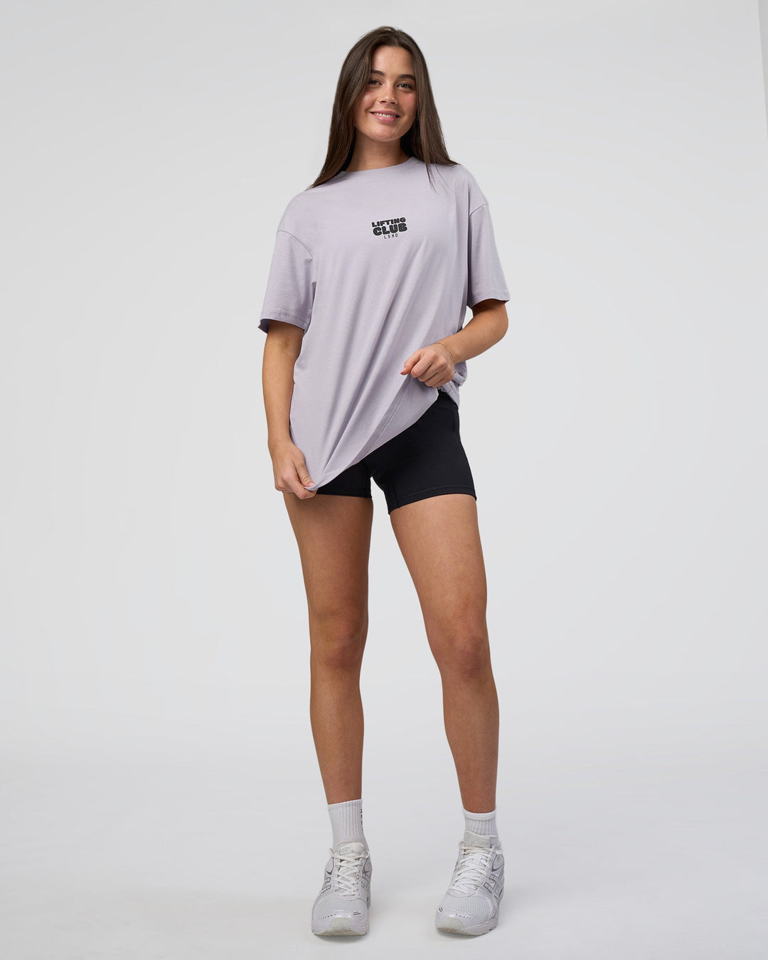 Woman wearing Kettle B FLXCotton Oversized Tee - Galactic Lilac-Black | Model:Estella | Size:XS - view 7