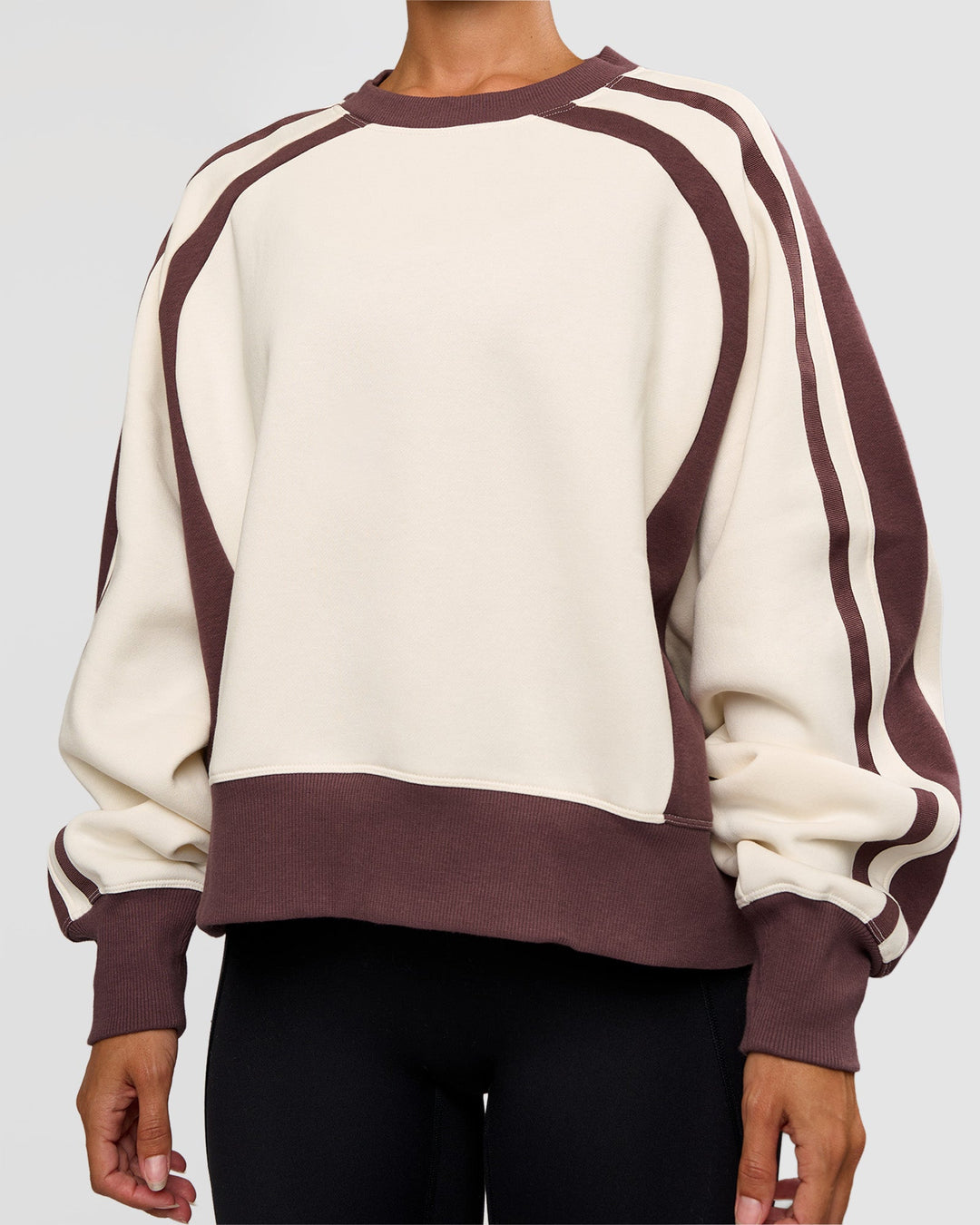 Woman wearing LSKD Fitness Club Oversized Sweater - Off White-Cocoa Powder | Model:Brylee | Size:XS