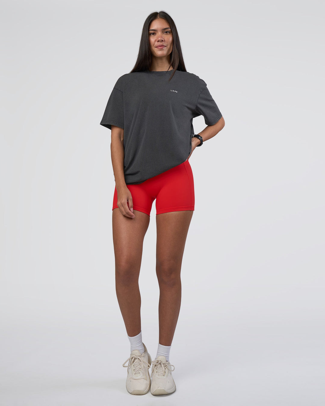Woman wearing Lifting FLXCotton Oversized Tee - Black Washed-Flame | Model:Rhiley | Size:XS - view 7