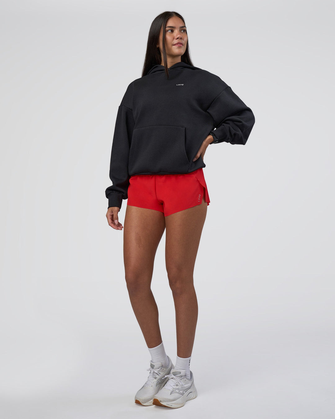 Woman wearing Lifting Unisex Oversized Hoodie - Black-Flame| Model:Rhiley | Size:XS