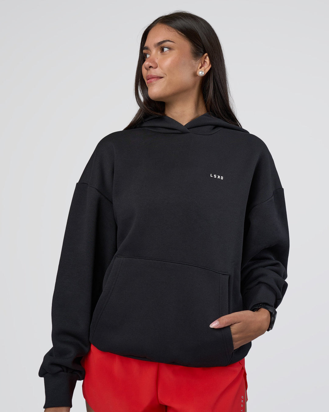 Woman wearing Lifting Unisex Oversized Hoodie - Black-Flame| Model:Rhiley | Size:XS
