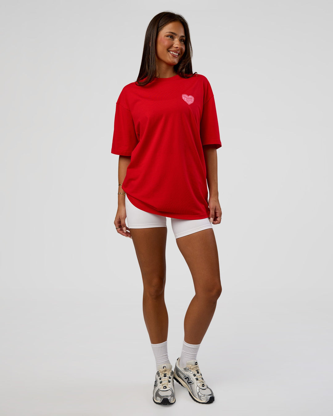 Woman wearing Love the Journey FLXCotton Oversized Tee - Flame-Candy Pink | Model:Bianca | Size:XS
