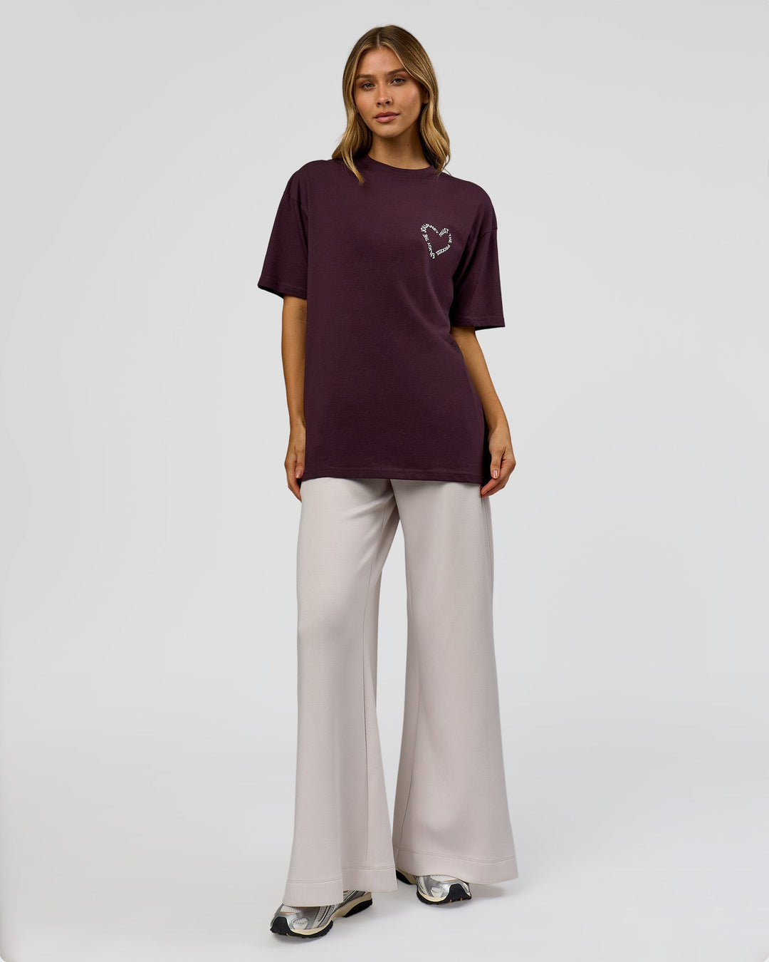 Woman wearing Love The Process FLXCotton Oversize Tee - Midnight Plum-White | Model:Leilani | Size:XS