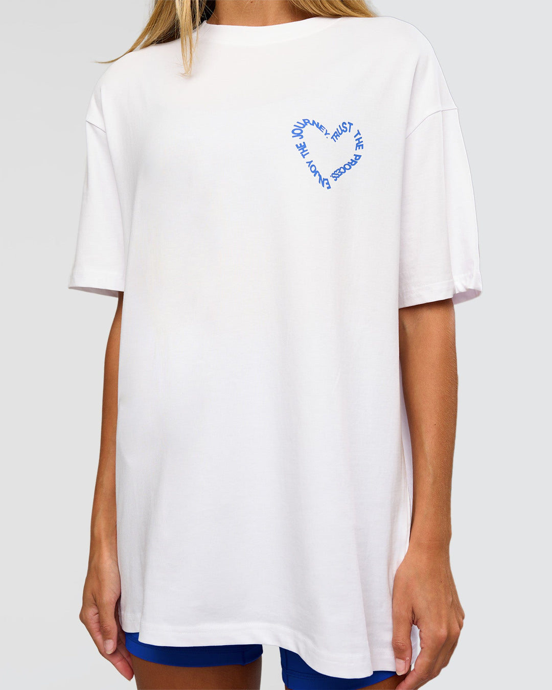 Woman wearing Love The Process FLXCotton Oversize Tee - White-Electric Indigo | Model:Georgia | Size:XS - view 10