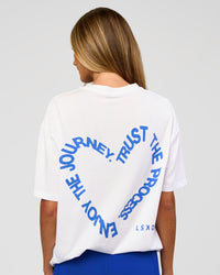 Woman wearing Love The Process FLXCotton Oversize Tee - White-Electric Indigo | Model:Georgia | Size:XS | Thumbnail Index: 3