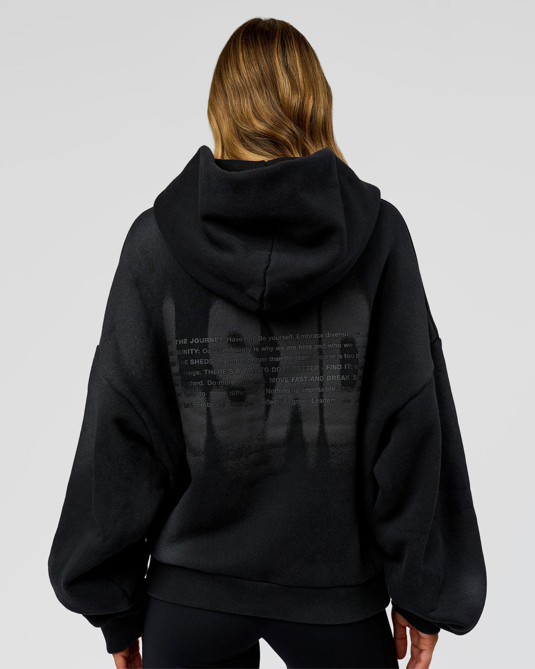 Woman wearing Memory in Motion Ultra Heavyweight Zip Thru Hoodie - Black Washed | Model:Leilani | Size:XS