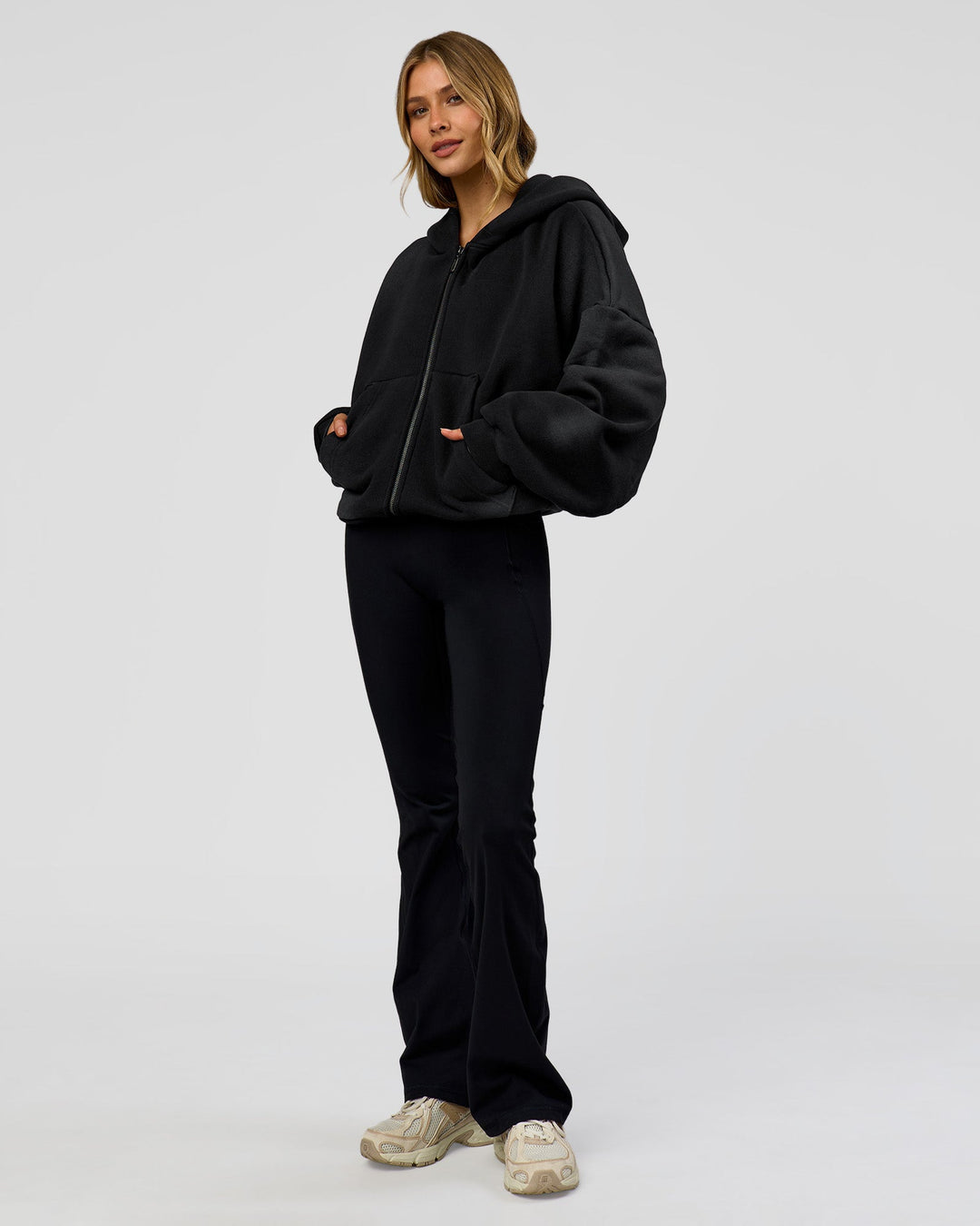 Woman wearing Memory in Motion Ultra Heavyweight Zip Thru Hoodie - Black Washed | Model:Leilani | Size:XS