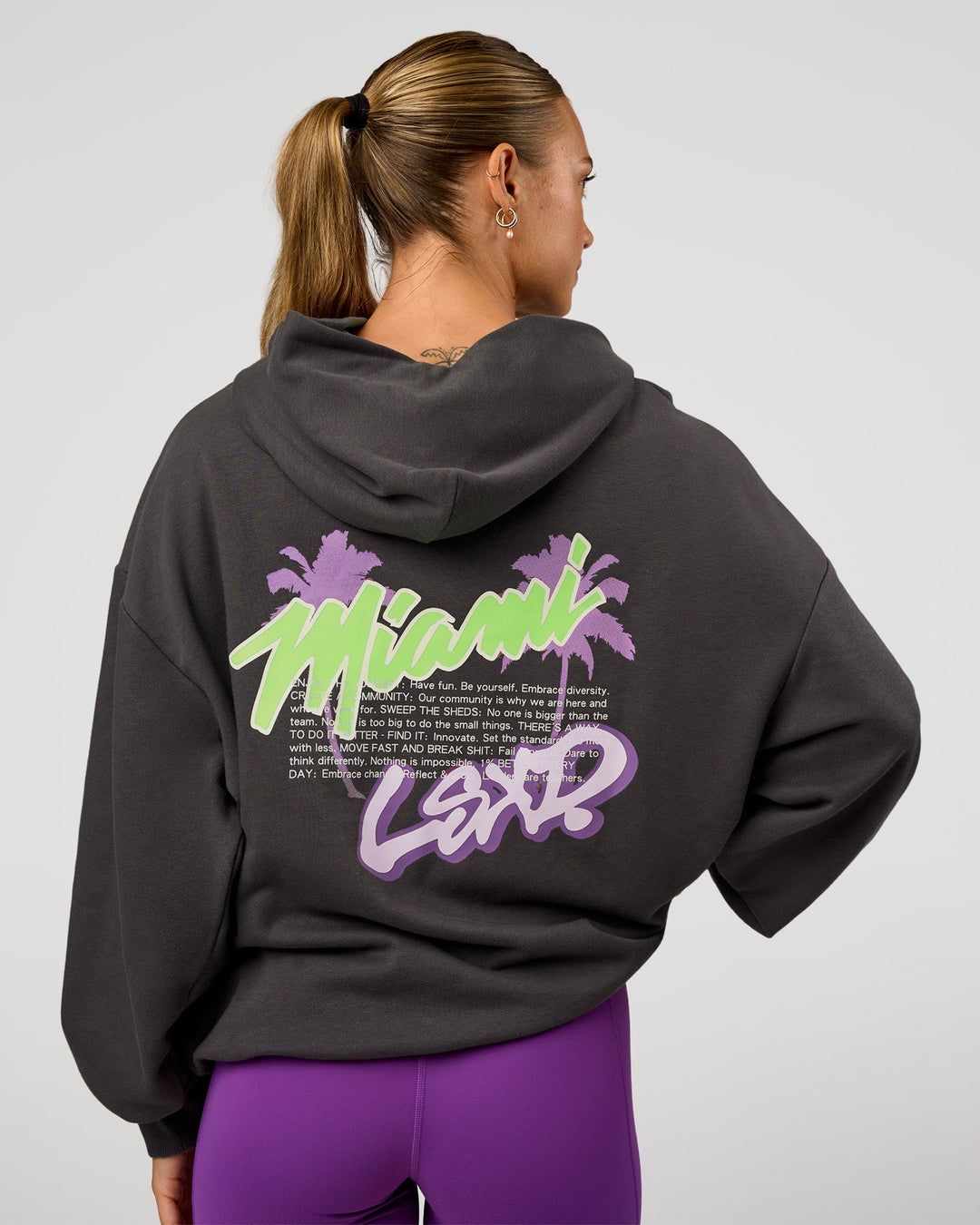 Woman wearing Miami Vibe Oversized Hoodie - Dark Storm-Marshmallow | Model:Maja | Size:XS