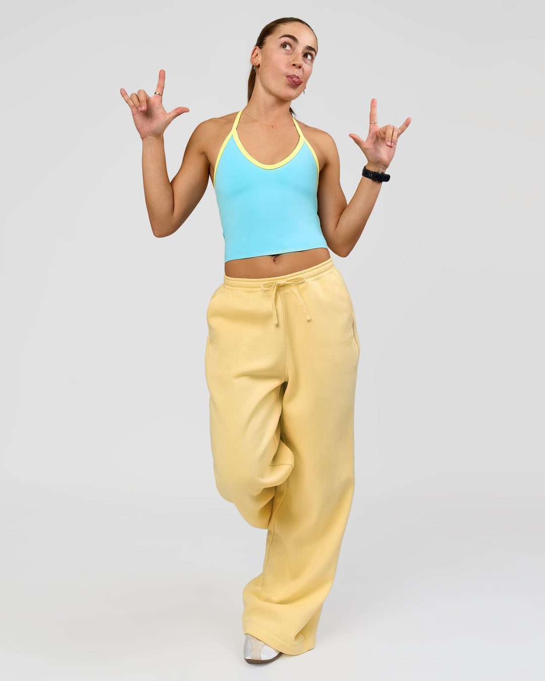 Woman wearing Milla Shelf Bra Tank - Baltic Sea-Lemon | Model:Grace | Size:XS