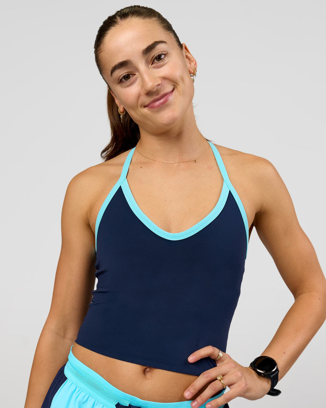 Woman wearing Milla Shelf Bra Tank - Future Navy-Baltic Sea | Model:Grace | Size:XS
