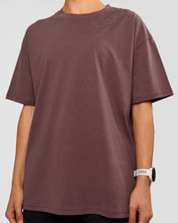 Woman wearing Offset Heavyweight Unisex Oversized Tee - Cocoa Powder-Cocoa Powder | Model:Maja | Size:XS