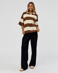 Woman wearing Oversized Rugby Polo - Off White - Brown | Model:Leilani | Size:XS