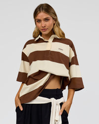 Woman wearing Oversized Rugby Polo - Off White - Brown | Model:Leilani | Size:XS