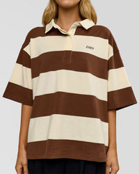 Woman wearing Oversized Rugby Polo - Off White - Brown | Model:Leilani | Size:XS