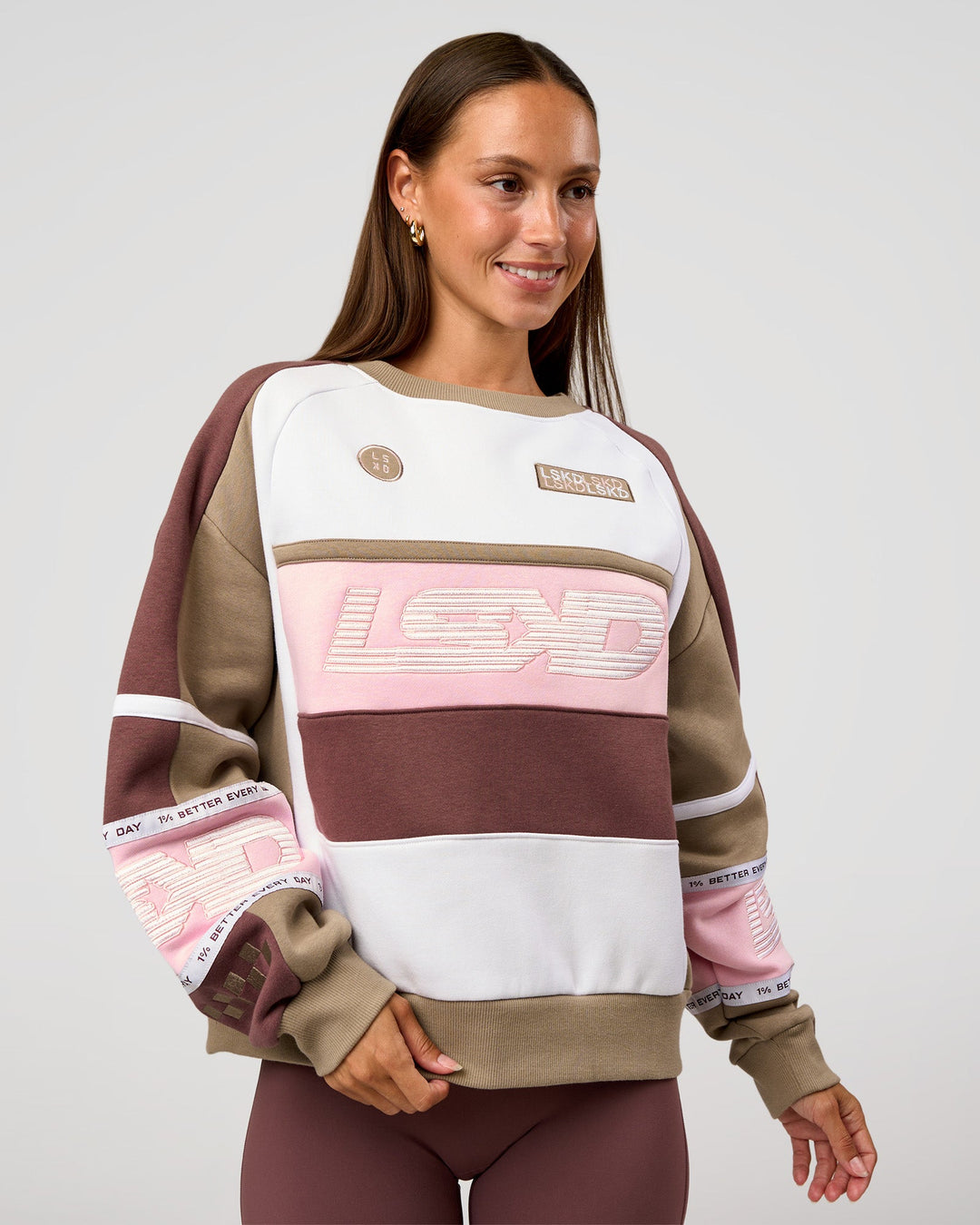 Woman wearing Power Sweater - Cocoa Powder-Marshmallow | Model:Brylee | Size:XS