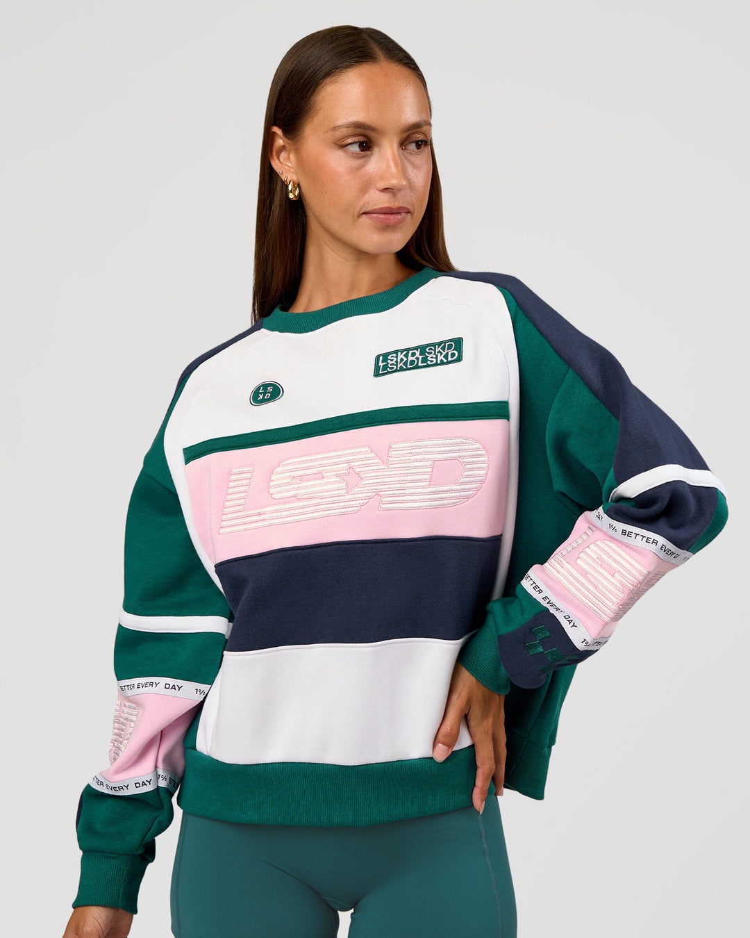 Woman wearing Power Sweater - Future Navy-Teal | Model:Brylee | Size:XS