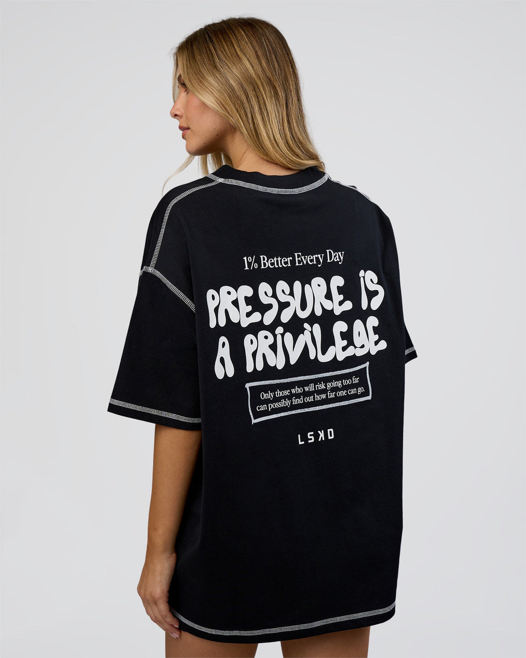 Woman wearing Pressure is Privilege Oversized Tee - Black-White | Model:Leilani | Size:XS