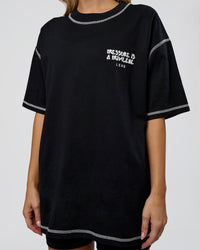 Woman wearing Pressure is Privilege Oversized Tee - Black-White | Model:Leilani | Size:XS