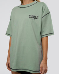 Woman wearing Pressure is Privilege Oversized Tee - Iceberg Green-Black | Model:Leilani | Size:XS
