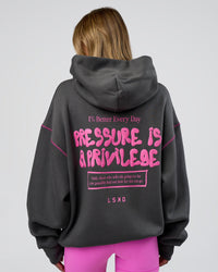 Woman wearing Pressure is Privilege Oversized Hoodie - Dark Storm-Ultra Fuchsia | Model:Leilani | Size:XS