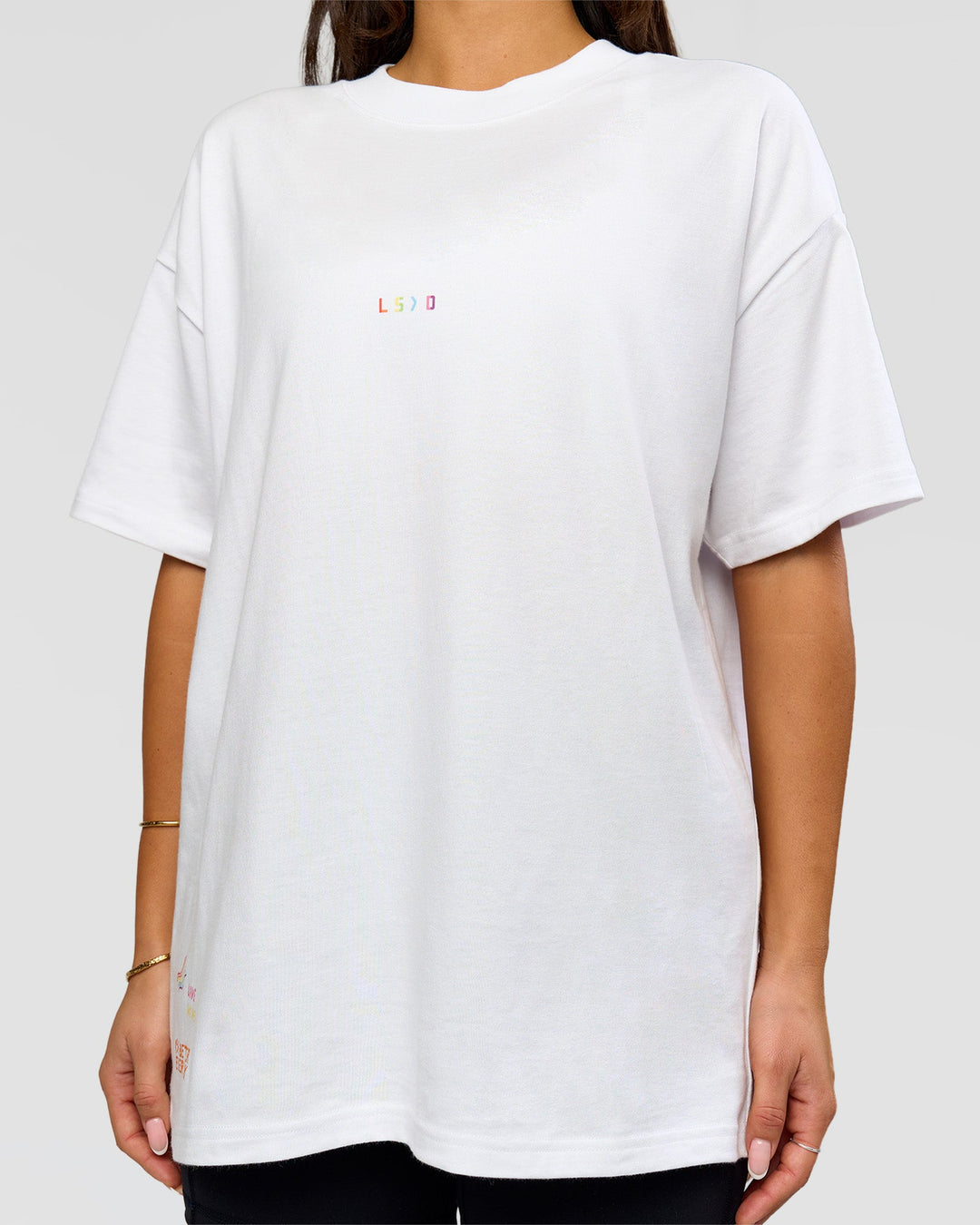 Woman wearing Pride Sticker Boxy Tee - White | Model:Bianca | Size:XS