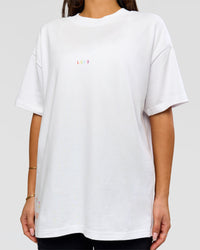 Woman wearing Pride Sticker Boxy Tee - White | Model:Bianca | Size:XS