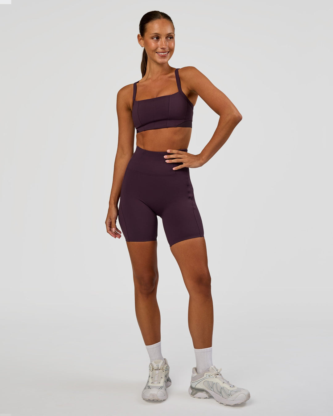 Woman wearing Progression Ultra High-Rise 6" Short - Midnight Plum | Mode:Brylee | Size:XS