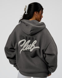 Woman wearing Run Club Script Oversized Hoodie - Dark Storm-Alloy | Model:Loren | Size:XS