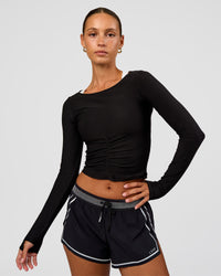 Woman wearing Scrunch Long Sleeve Tee - Black | Model:Brylee | Size:XS