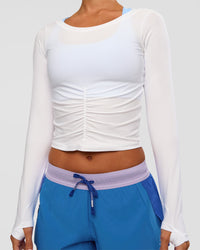 Woman wearing Scrunch Long Sleeve Tee - White | Model:Brylee | Size:XS