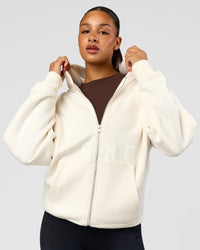 Woman wearing Shadow Mode Oversized Zip Through Hoodie - Off White | Model:Rosie | Size:XS | Thumbnail Index: 3