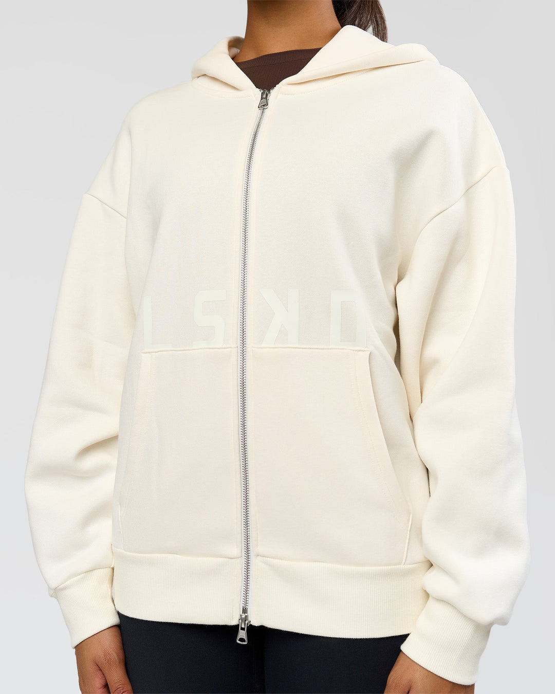 Woman wearing Shadow Mode Oversized Zip Through Hoodie - Off White | Model:Rosie | Size:XS - view 12