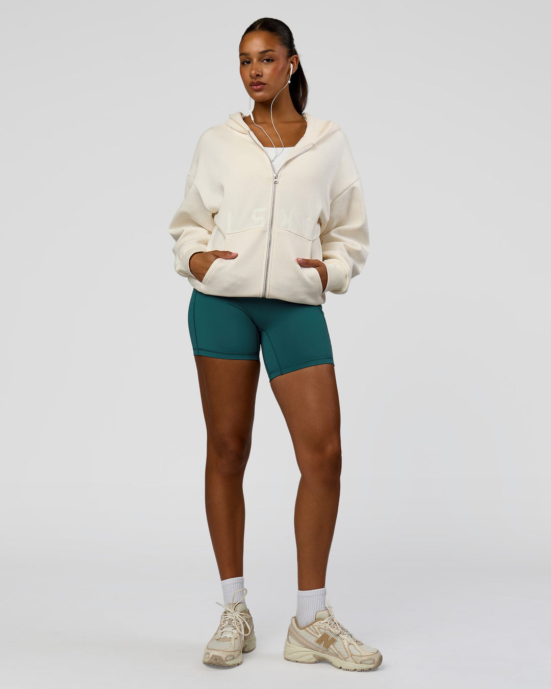 Woman wearing Shadow Mode Oversized Zip Through Hoodie - Off White | Model:Rosie | Size:XS - view 13