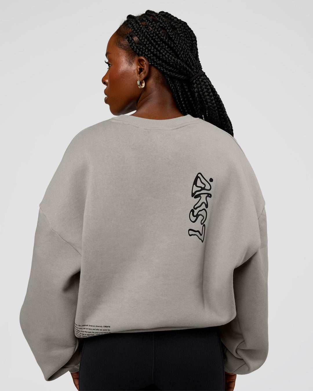 Woman wearing Static Grit Boxy Crew - Alloy-Black | Model:Ellie | Size:XS