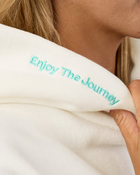 Woman wearing Sticker Unisex Oversized Hoodie - Off White-Jelly Mint | Model:Amity | Size:XS