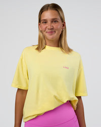 Woman wearing Unfit Club FLXCotton Oversized Tee - Yellow Fizz Washed-Ultra Fuchsia | Model:Amity | Size:XS | Thumbnail Index: 5