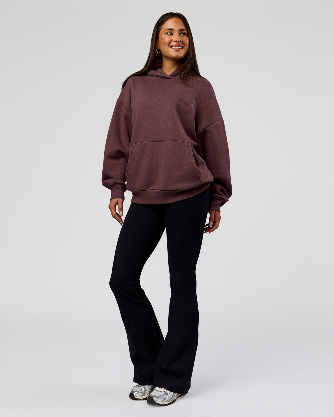 Woman wearing Unisex Love The Process Oversize Hoodie - Cocoa Powder-Hot Chocolate | Model:Bianca | Size:XS