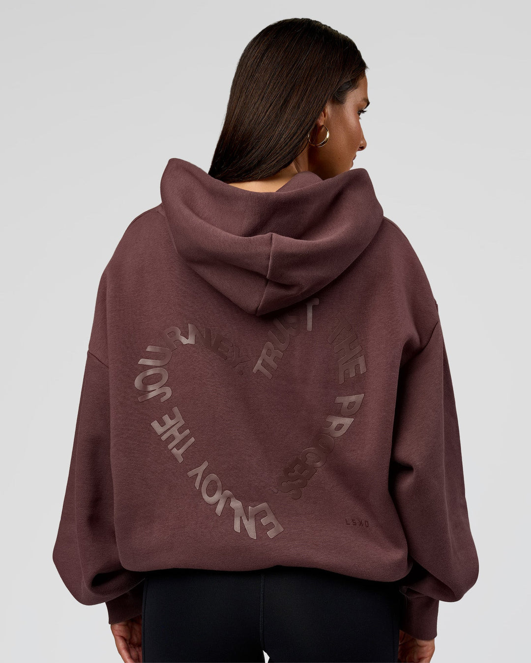 Woman wearing Unisex Love The Process Oversize Hoodie - Cocoa Powder-Hot Chocolate | Model:Bianca | Size:XS