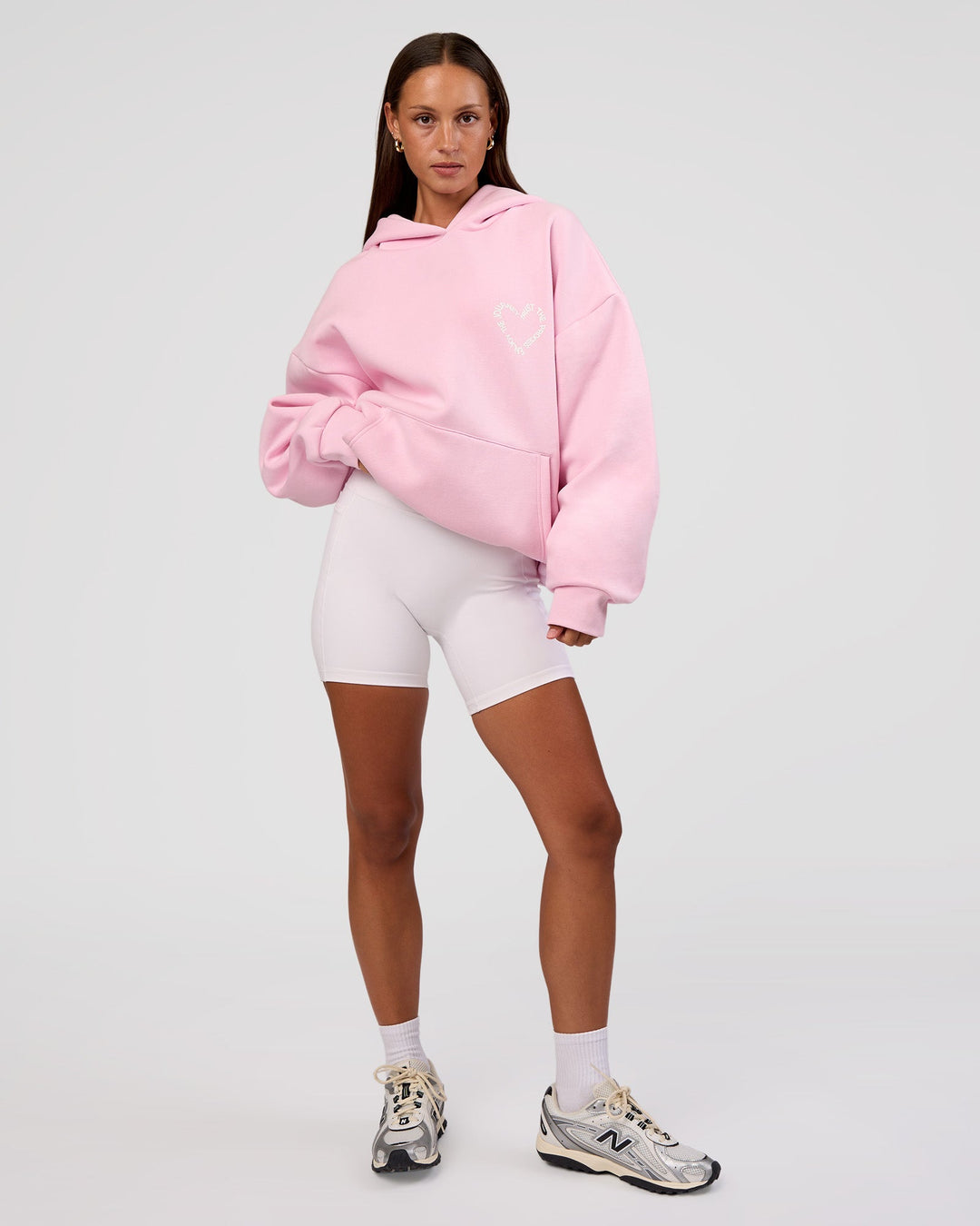 Woman wearing Unisex Love The Process Oversize Hoodie - Marshmallow-White | Model:Brylee | Size:XS
