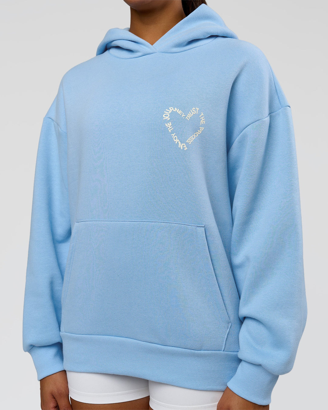 Woman wearing Unisex Love The Process Oversize Hoodie - Open Air-Off White | Model:Rosie | Size:XS