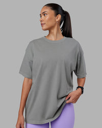 Woman wearing Pressure Washed Heavyweight Oversize Tee - Grey-Bubblegum | Model:Rhiley | Size:XS