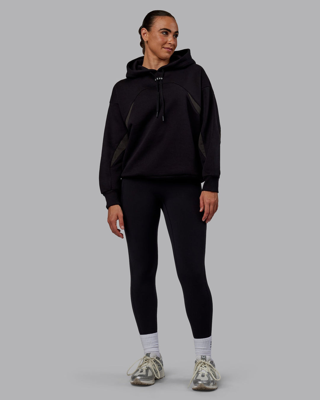 Woman wearing Unisex Y2K Concept Panel Hoodie - Black-Black-Pirate Black