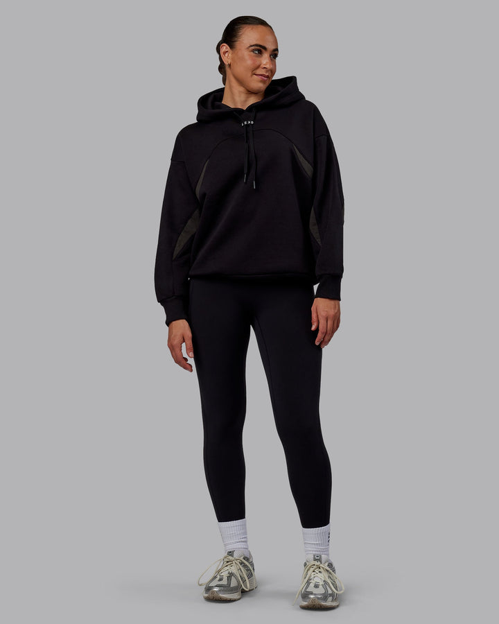 Woman wearing Unisex Y2K Concept Panel Hoodie - Black-Black-Pirate Black
