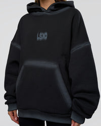 Woman wearing Urban Blur Unisex Oversized Hoodie - Black-Dark Storm | Model:Leilani | Size:XS