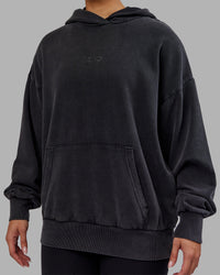 Woman wearing Variation Washed Oversized Hoodie - Black-Black | Model:Ayla | Size:XS