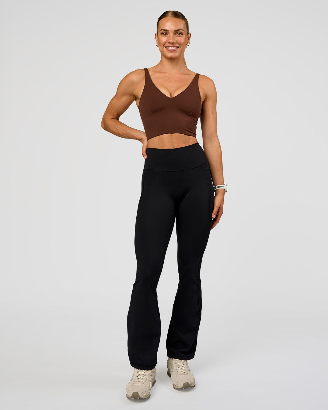 Woman wearing Vitality Long Line Sports Bra - Hot Chocolate | Model:Maja | Size:XS
